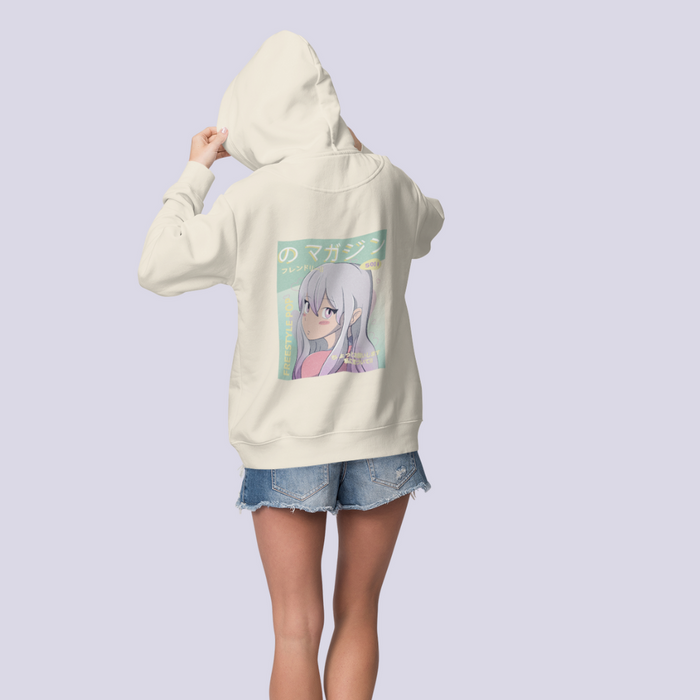 Anime Mango Logo Hoodie: off-white, pale green anime-style girl graphic, minimal streetwear with anime graphic style