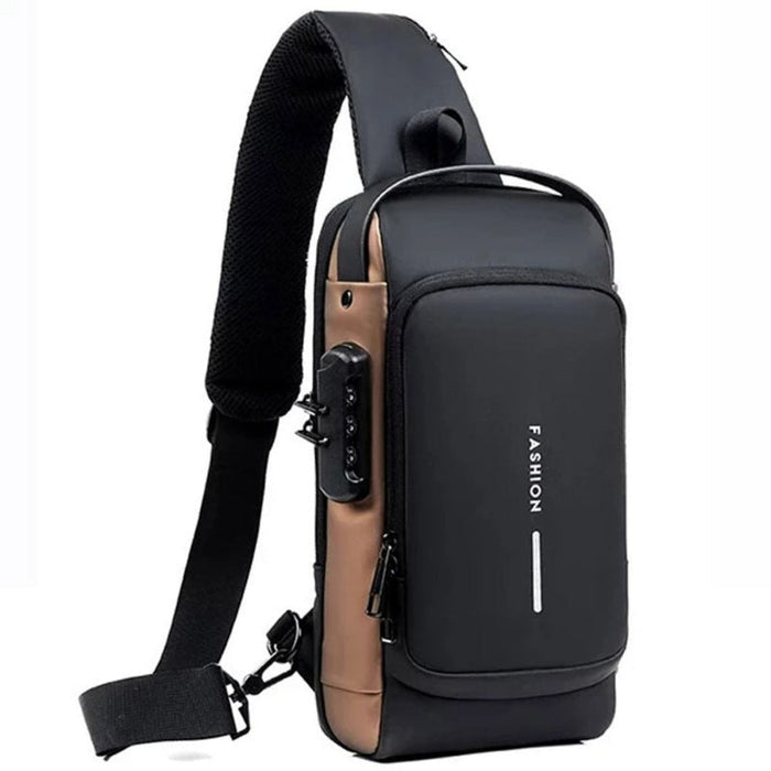Antitheft Locking Crossbody Shoulder Bag: black, brown/tan sling backpack, minimal modern style