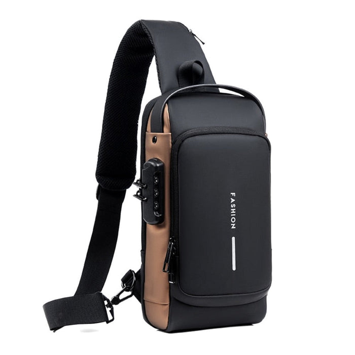 Antitheft Locking Crossbody Shoulder Bag: black, brown/tan sling backpack, minimal modern style