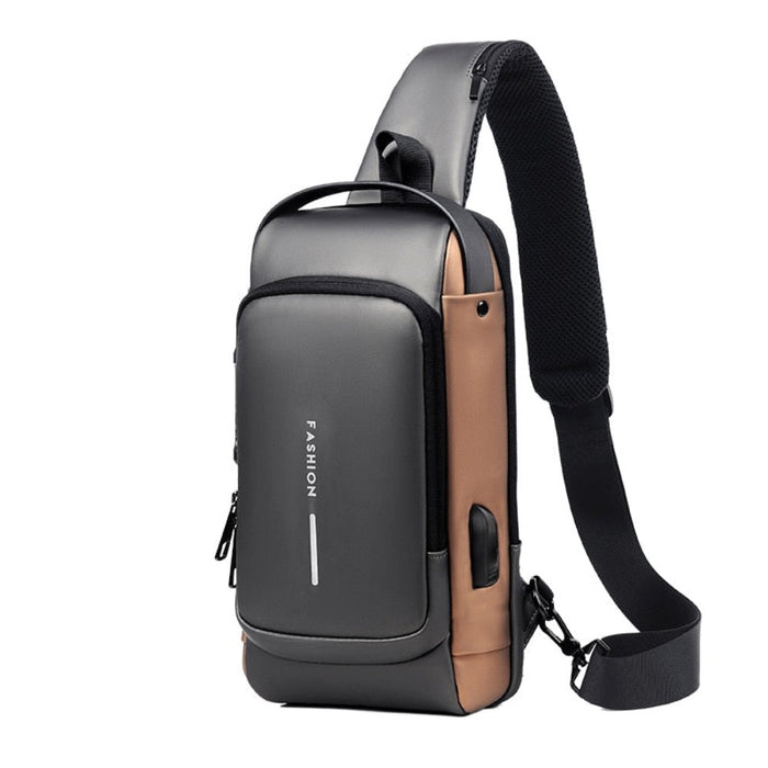 Antitheft Locking Crossbody Shoulder Bag: black, brown/tan sling backpack, minimal modern style