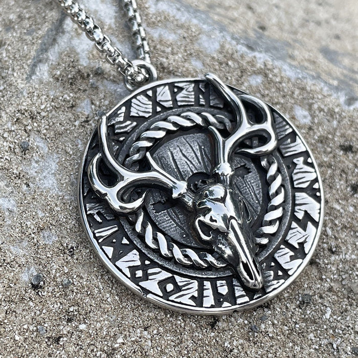 Antler Pendant Necklace with a Bold and Unique Design: silver, black bull skull with horns, ornate western/gothic style