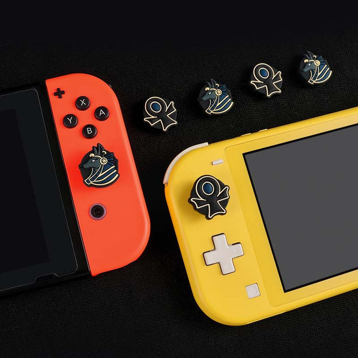 Anubis Switch Joystick Caps: Enhanced Gaming Control: black, dark navy blue Anubis/jackal character and ankh symbol, cartoon