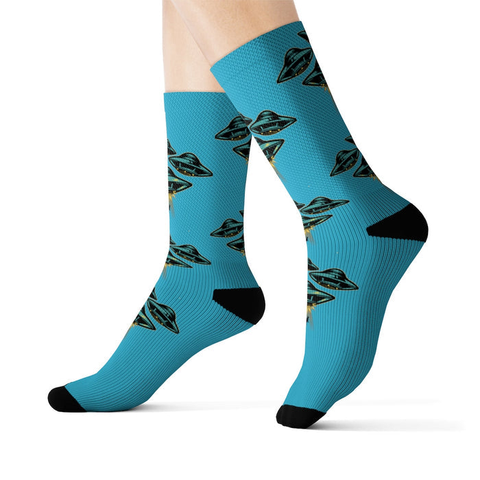 Area 51 Extraterrestrial Socks: turquoise blue, black UFOs/flying saucers, cartoon graphic style