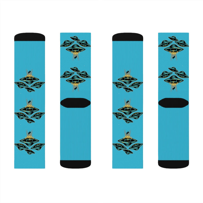Area 51 Extraterrestrial Socks: turquoise blue, black UFOs/flying saucers, cartoon graphic style
