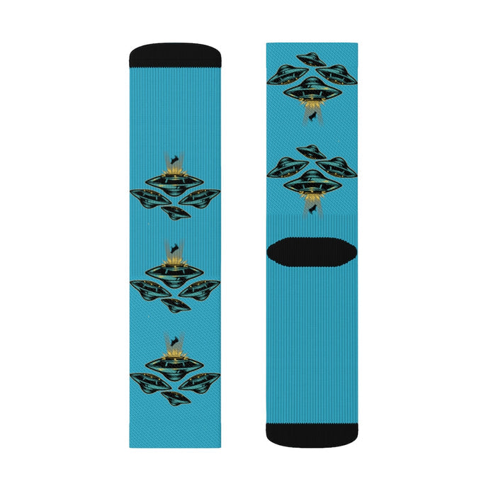 Area 51 Extraterrestrial Socks: turquoise blue, black UFOs/flying saucers, cartoon graphic style