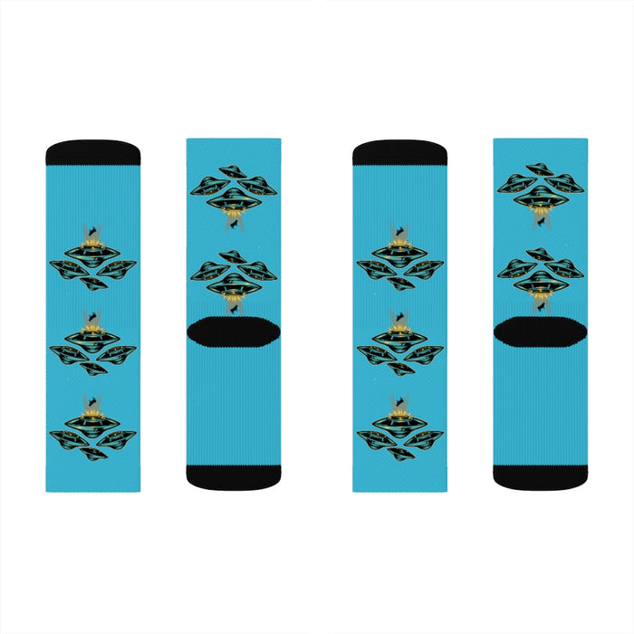 Area 51 Extraterrestrial Socks: turquoise blue, black UFOs/flying saucers, cartoon graphic style