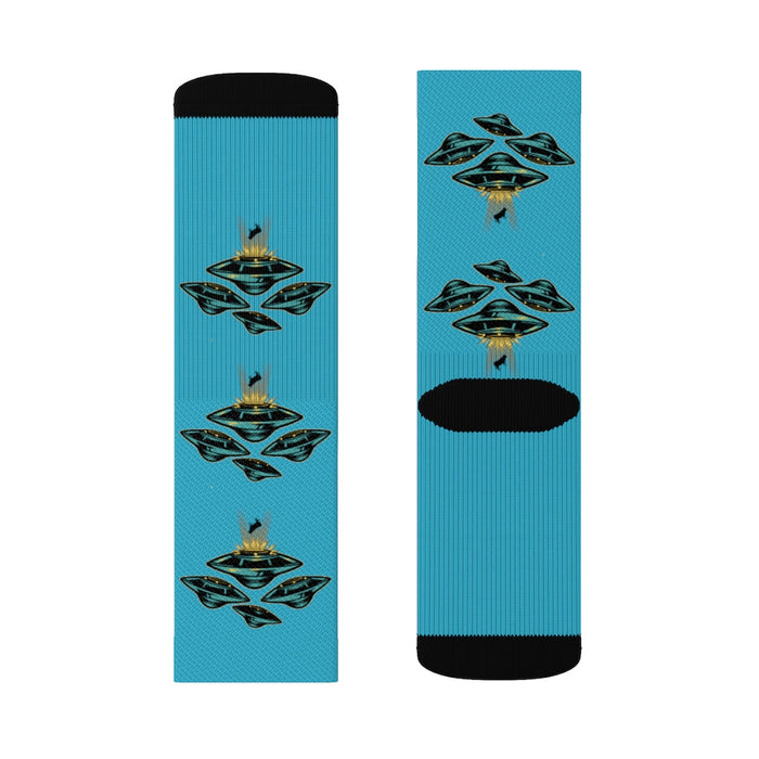 Area 51 Extraterrestrial Socks: turquoise blue, black UFOs/flying saucers, cartoon graphic style