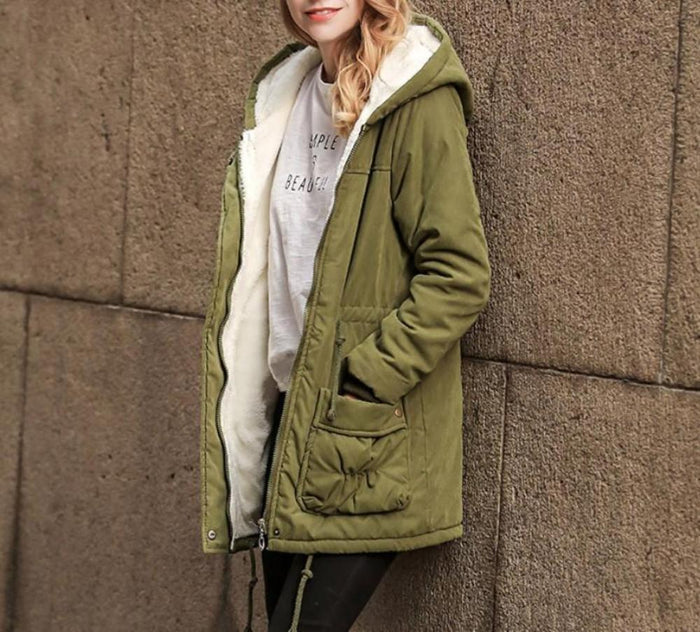 Army Green Hooded Parka Jacket for Women: olive green, black hooded parka jacket, casual utilitarian style