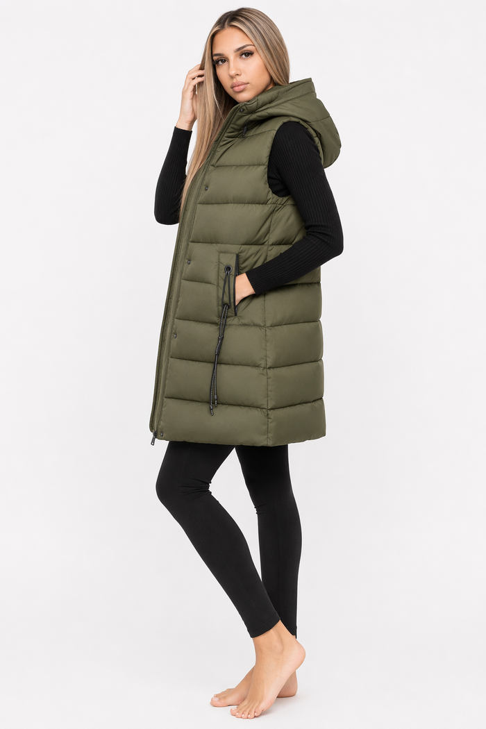 Army Green Puffer Vest with High Collar and Hood for Women's Winter Wear Default
