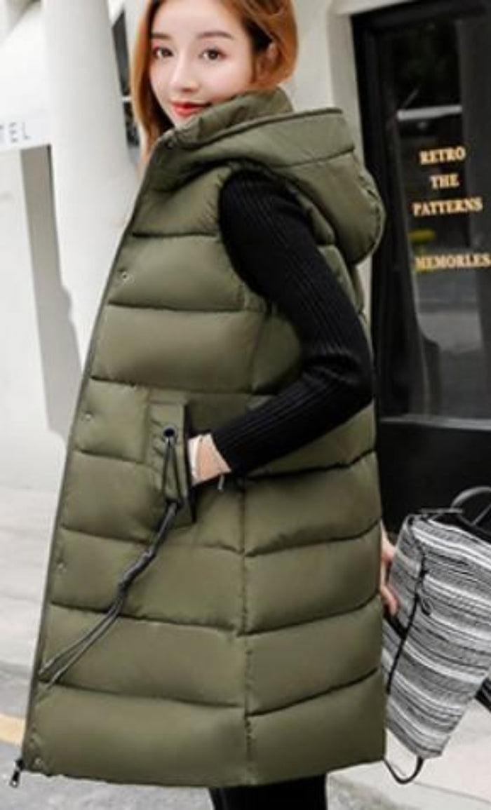 Army Green Puffer Vest with High Collar and Hood for Women's Winter Wear: olive green, black hooded puffer vest, casual style