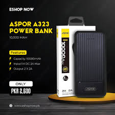 A black Aspor A323 Power Bank with a textured finish, shown alongside its white and yellow retail packaging box on a dark background with promotional text.