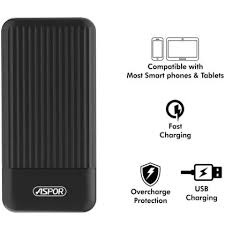 A black Aspor portable power bank shown on a white background with feature icons and text indicating compatibility with smartphones and tablets, fast charging, overcharge protection, and USB charging.