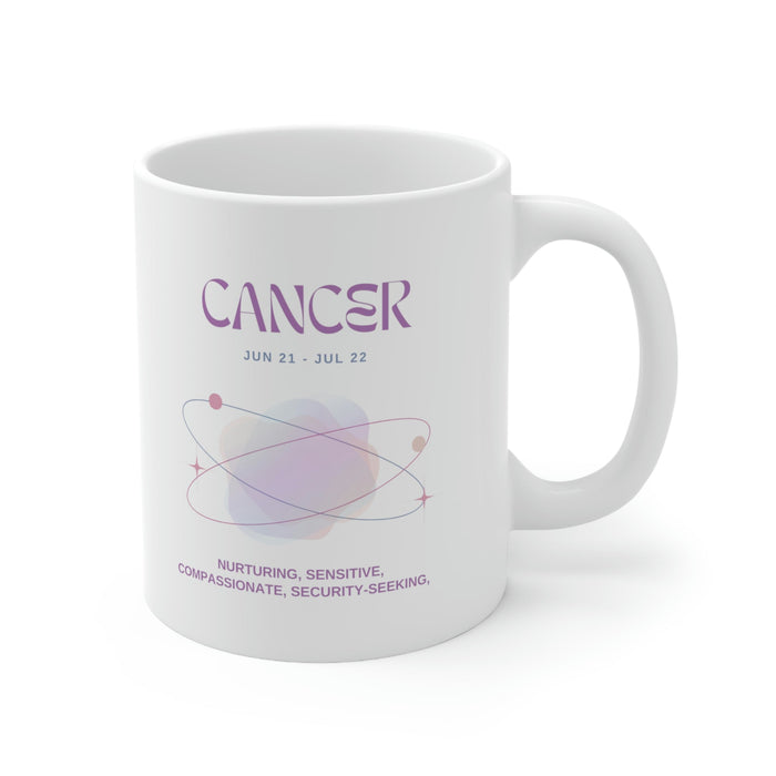 Astrological Traits of Cancer Mug: white, purple Cancer zodiac sign, minimal pastel zodiac-themed graphic style