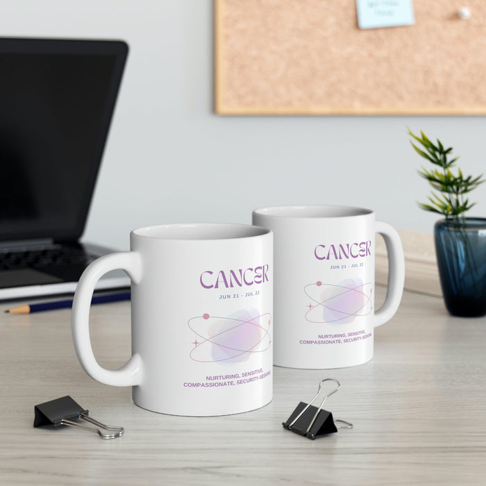 Astrological Traits of Cancer Mug: white, purple Cancer zodiac sign, minimal pastel zodiac-themed graphic style