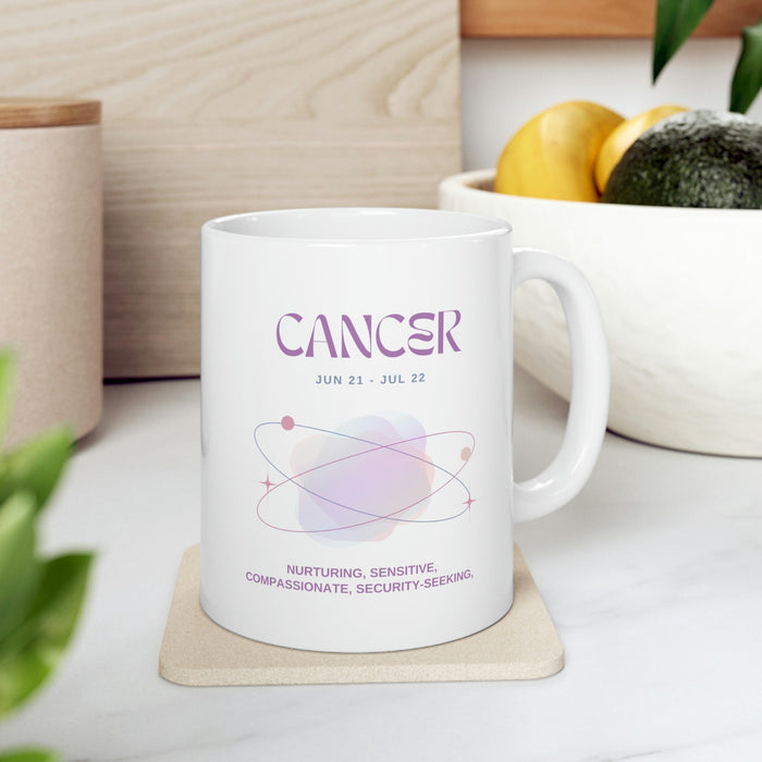 Astrological Traits of Cancer Mug: white, purple Cancer zodiac sign, minimal pastel zodiac-themed graphic style
