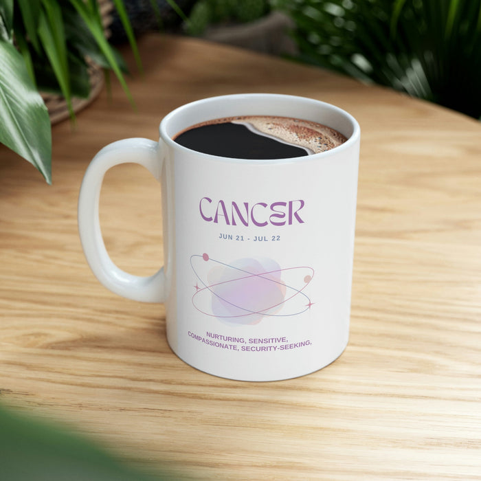 Astrological Traits of Cancer Mug: white, purple Cancer zodiac sign, minimal pastel zodiac-themed graphic style