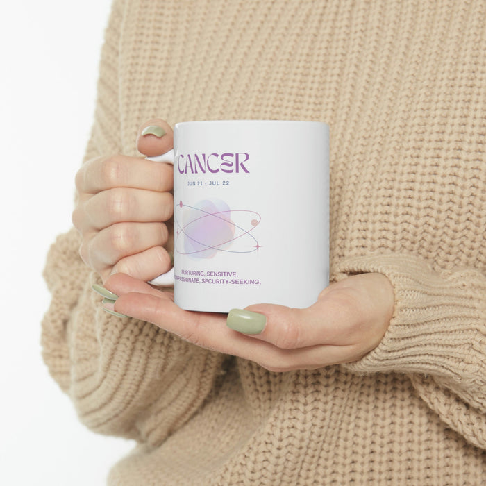 Astrological Traits of Cancer Mug: white, purple Cancer zodiac sign, minimal pastel zodiac-themed graphic style