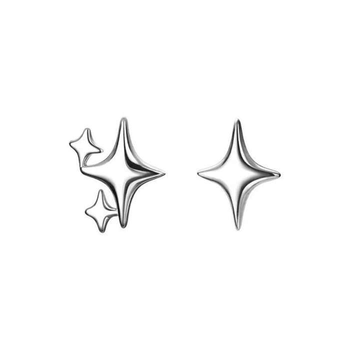 Asymmetric Star-shaped Earrings: silver, white four-point star, minimal style