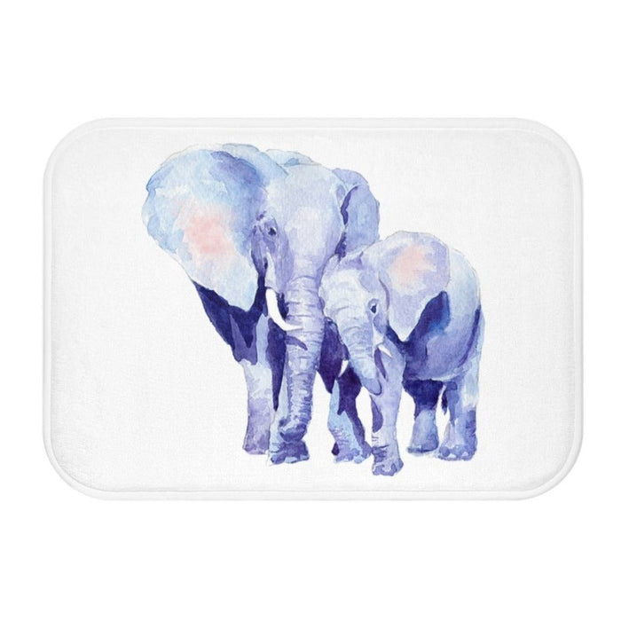 Auspicious Elephant Bath Mat for Mother and Baby Home Decor: white, light blue elephants, watercolor animal illustration styl