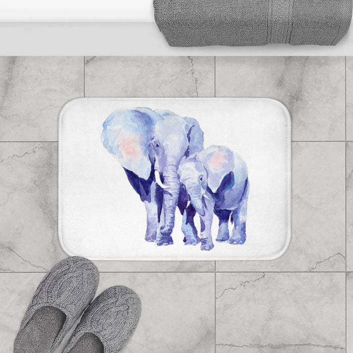 Auspicious Elephant Bath Mat for Mother and Baby Home Decor: white, light blue elephants, watercolor animal illustration styl
