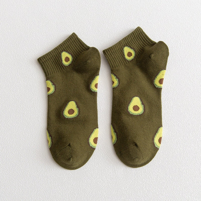 Avocado-Hued Kawaii Socks for Fashionistas: light green, dark green avocado theme, cartoon style