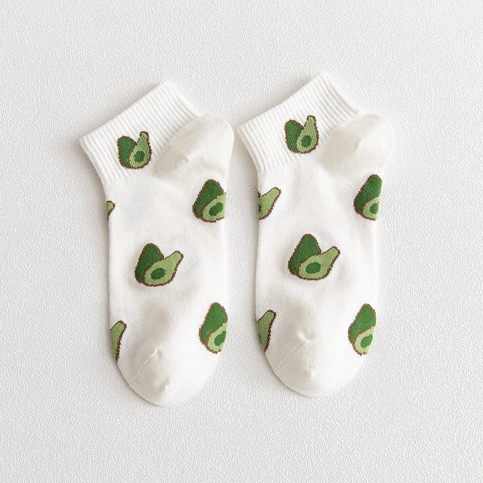 Avocado-Hued Kawaii Socks for Fashionistas: light green, dark green avocado theme, cartoon style