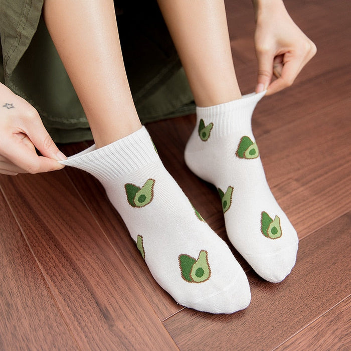 Avocado-Hued Kawaii Socks for Fashionistas: light green, dark green avocado theme, cartoon style