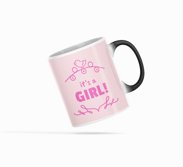 Baby Shower Heat Sensitive Color Changing Mug for Girls: light pink, bright pink baby announcement theme, minimal graphic sty