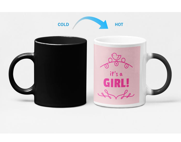 Baby Shower Heat Sensitive Color Changing Mug for Girls: light pink, bright pink baby announcement theme, minimal graphic sty