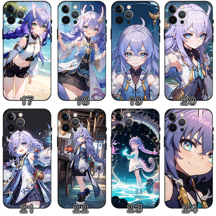 Bailu Honkai Star Rail Phone Case: purple, blue anime-style purple-haired female character, anime, cartoon, kawaii style