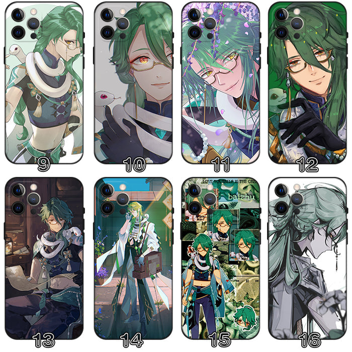 Baizhu Phone Case with TPU Protection: green, teal anime-style green-haired character, anime, fantasy, cartoon style