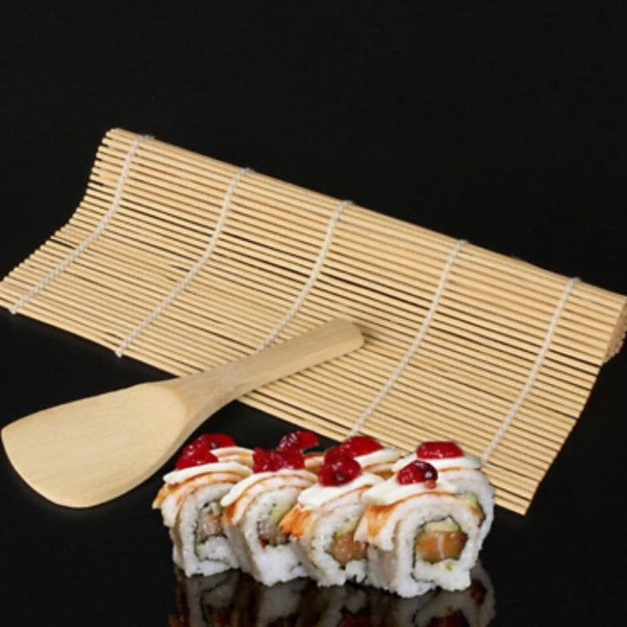 Bamboo Sushi Rolling Kit for Homemade Sushi Rolls: light tan, white sushi, food presentation style