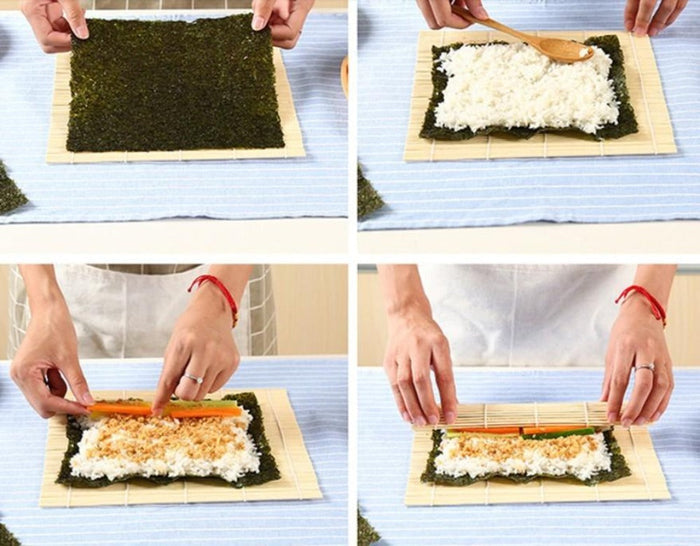 Bamboo Sushi Rolling Kit for Homemade Sushi Rolls: light tan, white sushi, food presentation style