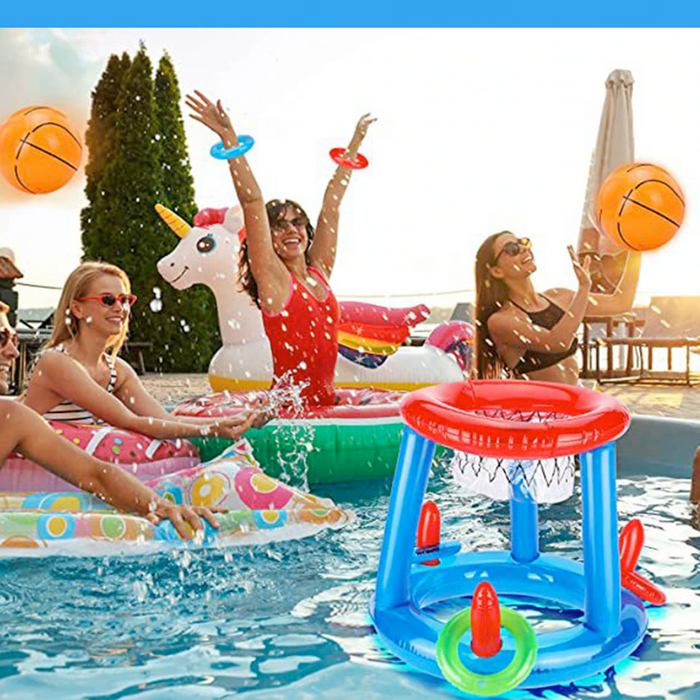Basketball Hoop Set for Inflatable Swimming Pool: blue, red basketball, cartoon-like toy design style