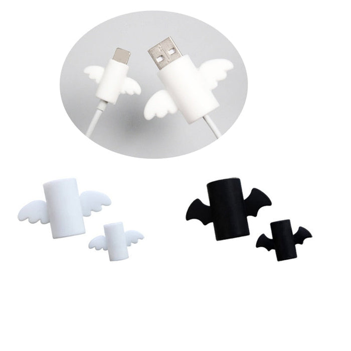 Bat Cable Protectors, Set of 2: white, black angel wings and bat wings, cartoon, cute style