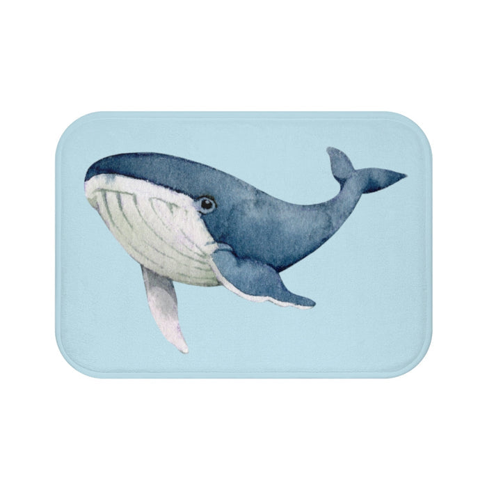 Bath Mat Featuring the Majestic Humpback Whale: light blue, dark blue whale, watercolor cartoon style