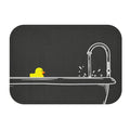 Bath Mat for Rubber Ducks: black, white yellow duck and faucet/sink illustration, minimal cartoon style