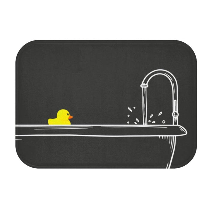 Bath Mat for Rubber Ducks: black, white yellow duck and faucet/sink illustration, minimal cartoon style