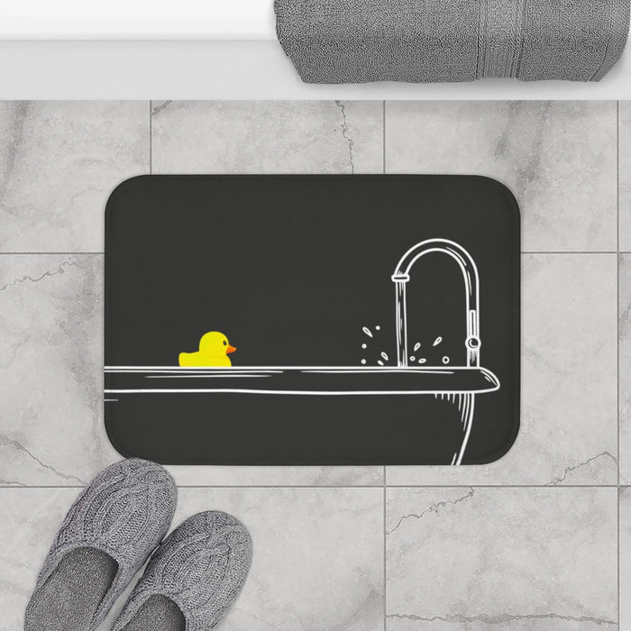 Bath Mat for Rubber Ducks: black, white yellow duck and faucet/sink illustration, minimal cartoon style