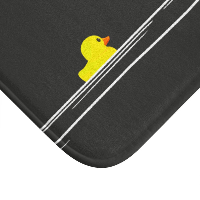 Bath Mat for Rubber Ducks: black, white yellow duck and faucet/sink illustration, minimal cartoon style