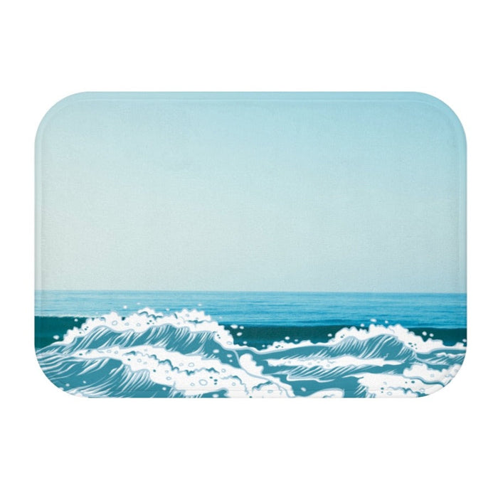 Bath Mat with a Coastal Theme: light blue, teal ocean waves, illustrated, Japanese wave-inspired style