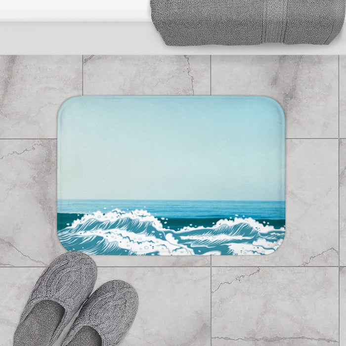 Bath Mat with a Coastal Theme: light blue, teal ocean waves, illustrated, Japanese wave-inspired style