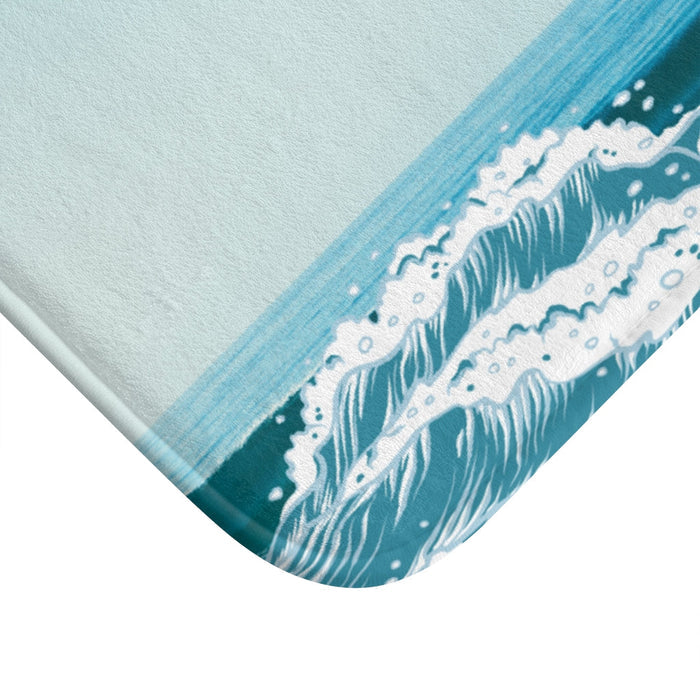 Bath Mat with a Coastal Theme: light blue, teal ocean waves, illustrated, Japanese wave-inspired style