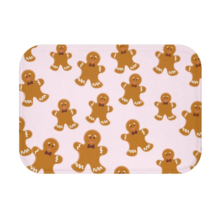 Bath Mat with Gingerbread Cookies Motif: light pink, brown gingerbread people, cartoon, kawaii style