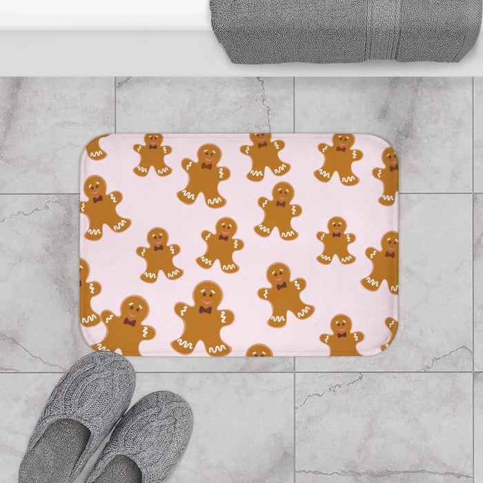 Bath Mat with Gingerbread Cookies Motif: light pink, brown gingerbread people, cartoon, kawaii style