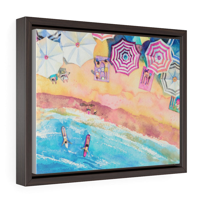 Beach Day: A Vibrant Horizontal Framed Premium Gallery Wrap Canvas: dark brown, turquoise blue beach scene with umbrellas and
