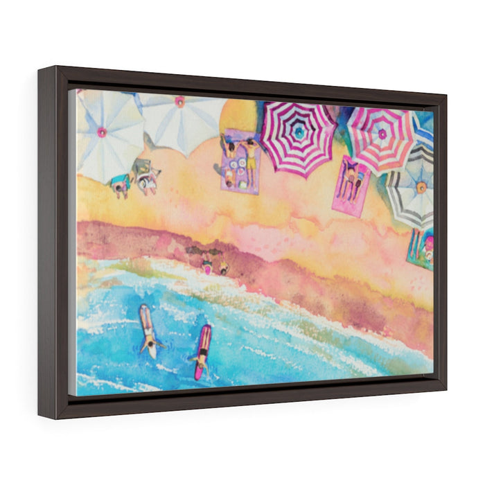 Beach Day: A Vibrant Horizontal Framed Premium Gallery Wrap Canvas: dark brown, turquoise blue beach scene with umbrellas and