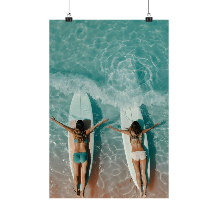 Beach Poster Featuring Female Surfers: turquoise, teal beach surfing scene with two people and surfboards, photographic coast
