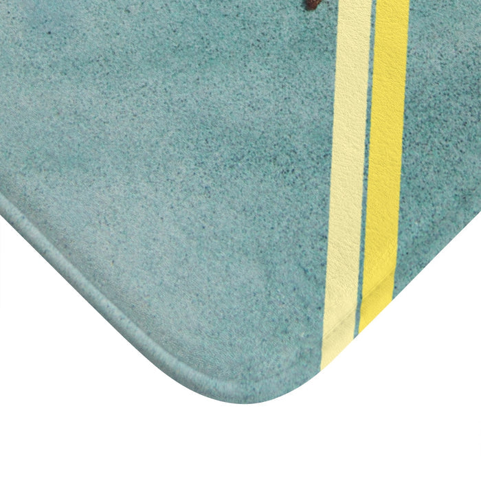 Beach Starfish Abstract Bath Mat, Stylish Home Decor: teal blue, yellow starfish, minimal beach-themed style