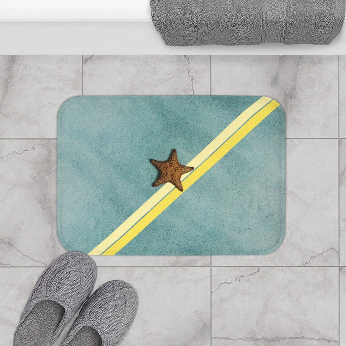 Beach Starfish Abstract Bath Mat, Stylish Home Decor: teal blue, yellow starfish, minimal beach-themed style